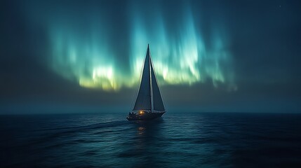 Sailboat at night under aurora borealis.