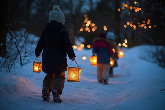 Children celebrate winter magic during an enchanting lantern walk in a snowy park at dusk