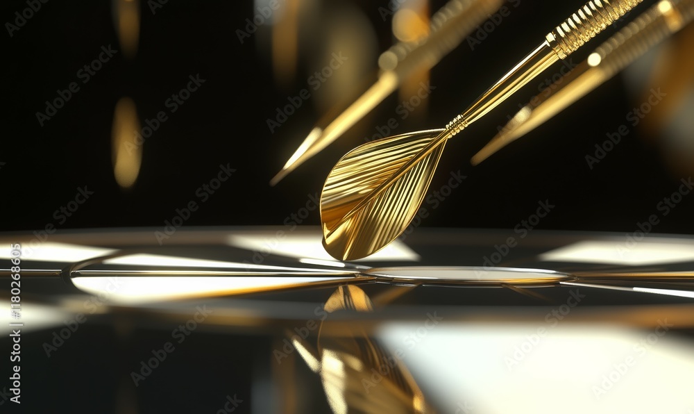Poster darts, a golden dart stuck in a target. dartboard is the target and goal. business getting into the 