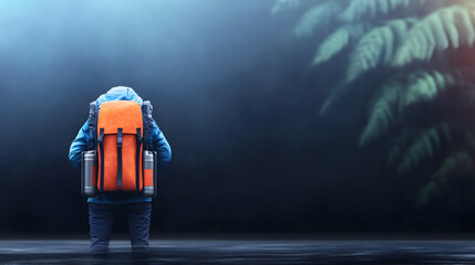 Backpacker facing lush forest, preparing for adventure; misty background, ideal for travel blogs.