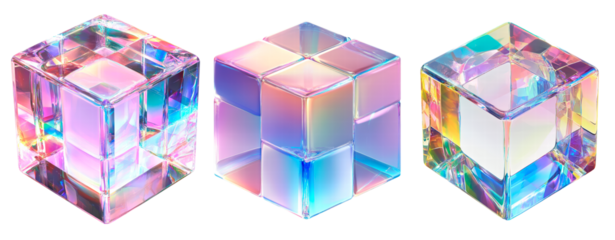 Set of 3d crystal glass cube with refraction and holographic effect isolated on transparent background PNG