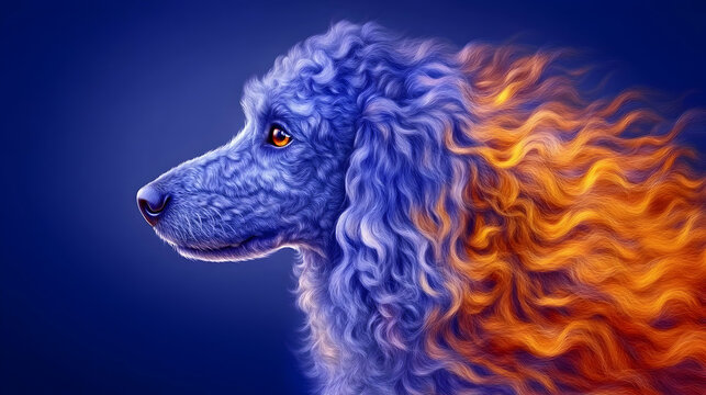 Blue poodle dog profile, fiery mane, dark background, fantasy art, perfect for pet websites or fantasy illustrations.