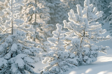 Snowy Pine Trees in Winter Sunlight