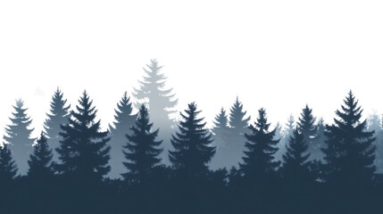 Foggy silhouette of a dense forest isolated on white background