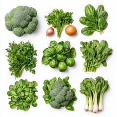 Fresh assortment of vegetables including broccoli, spinach, and herbs arranged in a grid pattern with eggs.