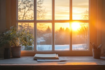 Morning Light Through Wooden Window: A Serene Countryside View at Sunrise