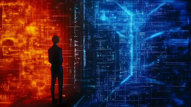 Businessman contemplating digital data streams, contrasting warm and cool tones, futuristic background, ideal for technology or finance concepts.