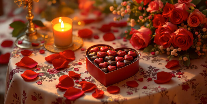 Une bo&icirc;te de chocolats en c&oelig;ur, pos&eacute;e sur un nappage blanc, est sublim&eacute;e par une bougie scintillante et un bouquet de fleurs douces.