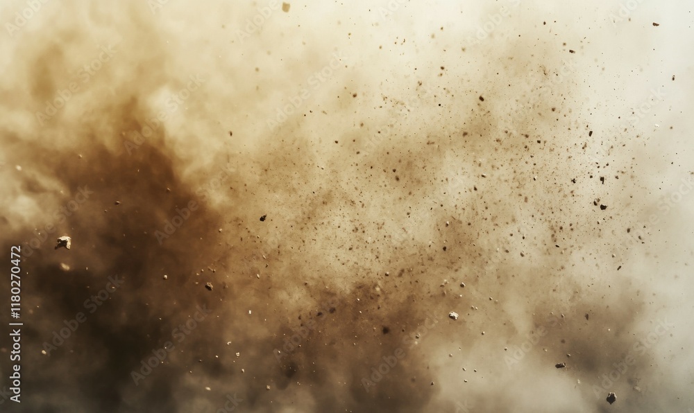 Poster blurry image of a cloud of dust with a few specks of sand. scene is chaotic and disordered