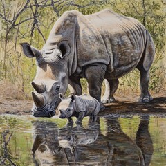 Fototapeta premium A rhino mother and calf drinking water together, showcasing maternal bond