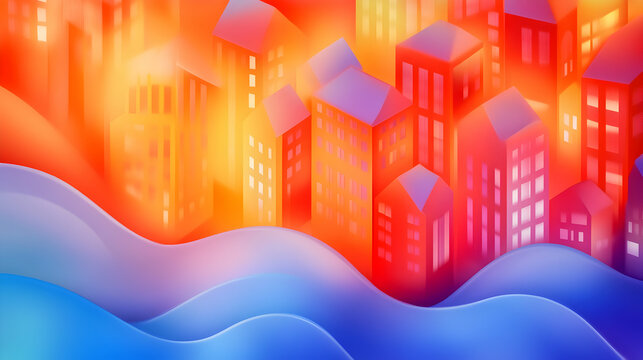 Cityscape at sunset, abstract waves below, urban development background, ideal for website header.