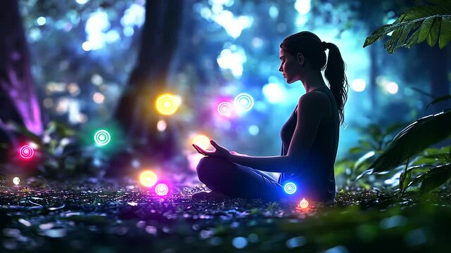 A tranquil woman meditates in a mystical forest, her glowing chakra symbols casting soft, colorful lights that blend seamlessly with the natural environment.
