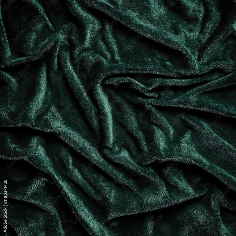 Poster a close-up view of lush green velvet fabric with intricate texture and subtle sheen