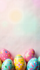 Fototapeta premium Colorful Easter Eggs, Pastel Tones, Festive Spring Background with Copy Space