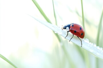 Fototapeta premium A small ladybug perched at the tip of a single grass blade, enjoying the warm sun