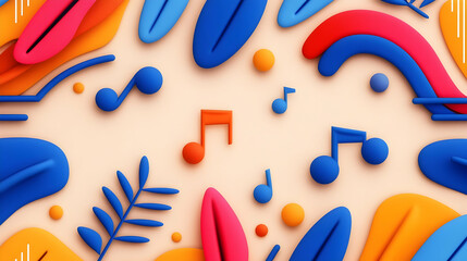Colorful music notes and leaves background for summer playlist or music festival promotion.