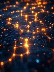 Obraz premium Glowing network nodes on dark surface.