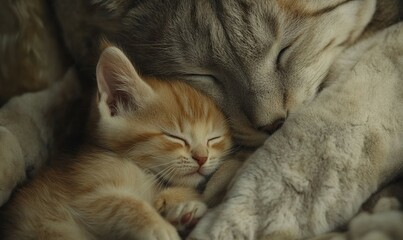 Cute kitten snuggling with big cat. Soft fur and gentle interaction. Adorable pets in close quarters.