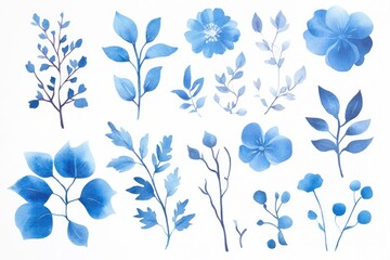 Fototapeta premium A simple yet beautiful arrangement of blue flowers and leaves on a white background