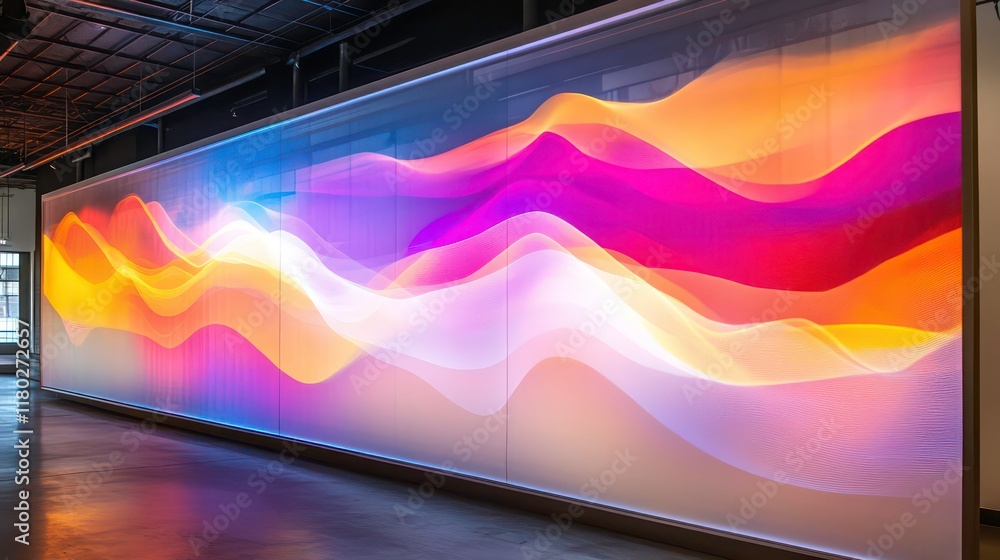 Aufkleber dynamic color wave installation modern art gallery multimedia artwork contemporary space wide angle 