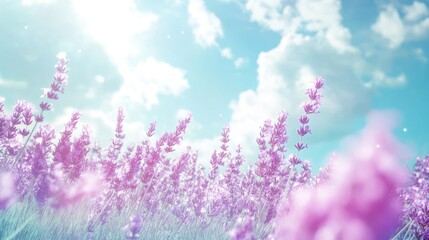 Naklejka premium Purple flowers blooming, sunlit field, cloudy background, relaxation aid