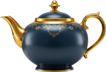 Blue and Gold decorative teapot, tea drink container, pitcher, for pouring fresh liquid hot tea, isolate transparent png