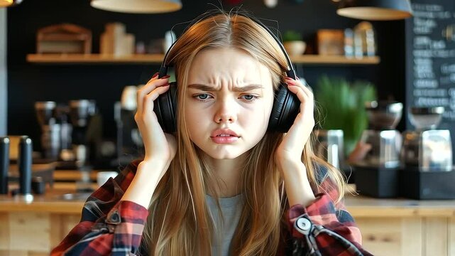 Amidst the clamor of a trendy caf&eacute;, a young woman blocks her ears with her hands, her displeased face highlighting the challenge of finding peace in a noisy environment.