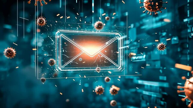 A dynamic visual showing multiple glowing viruses targeting a luminous, airborne email icon amidst digital rain in a cyber space environment. Represents technological threats and cybersecurity.