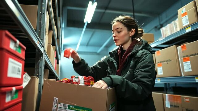 In a brightly lit storage room, the volunteer places a donation box filled with winter coats and non-perishable food items onto a shelf, alongside other labeled boxes.