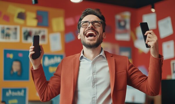 Sales manager celebrating a successful deal, holding a phone mid-conversation, dynamic energy in a vibrant office, motivational posters in the background, - Powered by Adobe