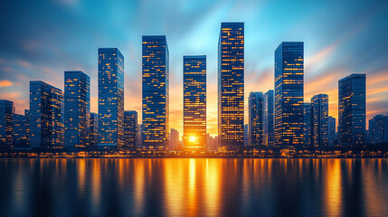 Fototapeta premium A futuristic neon building with a slick shiny surface reflecting a vibrant sunset in a desert landscape, bathed in bright white, gold, and silver tones, creating a blurred, ethereal atmosphere.