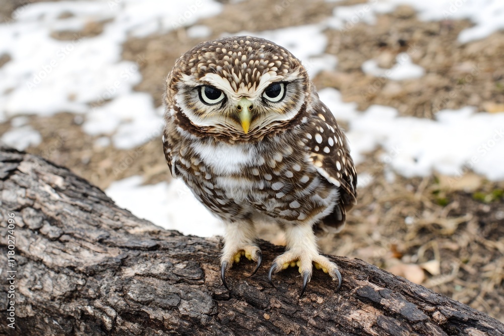 Poster a small owl perched on top of a tree branch, looking around