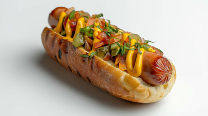A grilled hot dog in a toasted bun, topped with fresh lettuce, sliced tomatoes, onions, pickles, and mustard, creating a colorful and appetizing meal isolated on white background