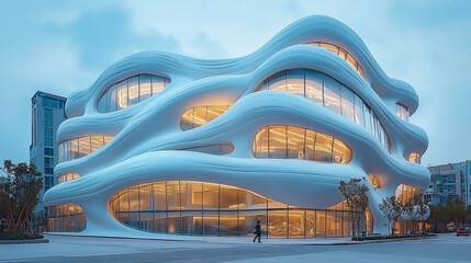 A futuristic neon building with a slick shiny surface reflecting a vibrant sunset in a desert landscape, bathed in bright white, gold, and silver tones, creating a blurred, ethereal atmosphere.

