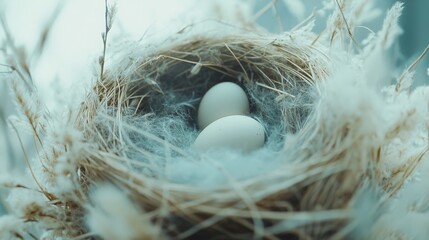 A snug nest cradles two delicate eggs amidst soft feathers and grasses, encapsulating a serene moment of nature's gentle embrace.