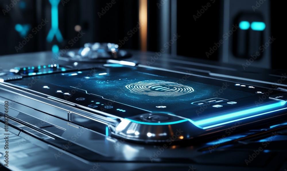 Poster digital fingerprint scanner interface in futuristic setting