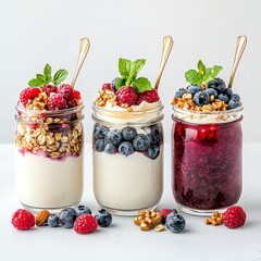 Delicious yogurt parfaits layered with berries, granola, and mint, served in glass jars with spoons against a light background.