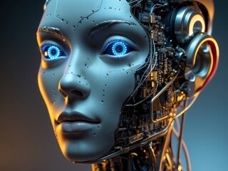 Advanced humanoid robot with glowing blue eyes and intricate circuitry on display in a futuristic setting