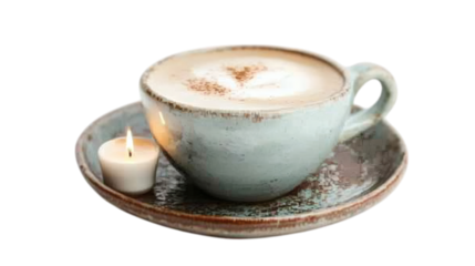 A cup of coffee with candle on plate isolated on white backgroound