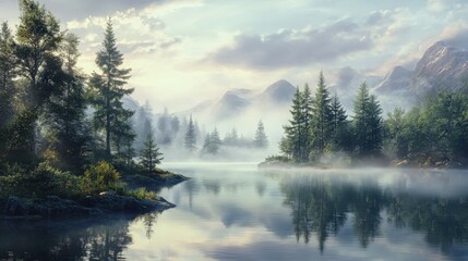 Obraz premium Serene Mountain Lake Mist Shrouded Trees