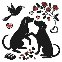 happy valentine's day couple dog  silhouette vector illustration