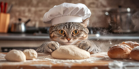 Charming tabby cat donning a chef’s hat, playfully kneading dough on a wooden table, surrounded by warm, freshly baked bread in a cozy, rustic kitchen setting.