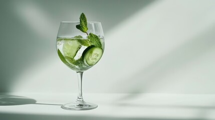 Drink made from fresh cucumber and mint sprigs in a glass goblet on a white background. Summer refreshing detox. Selective focus. Close-up. Copy space.
