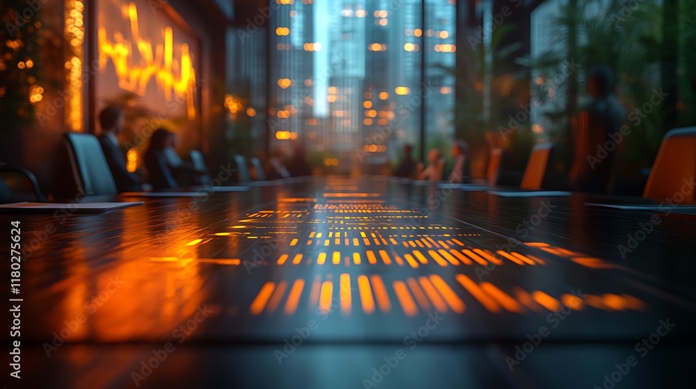 Poster futuristic meeting table with data projections.