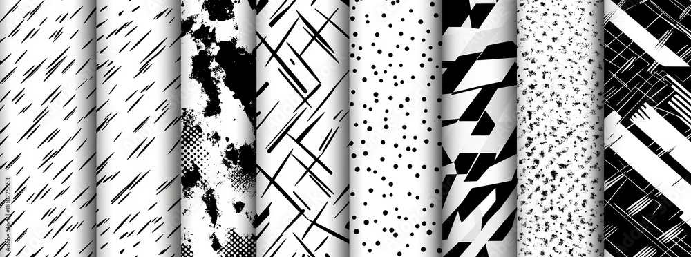 Poster a collection of smooth, black and white patterns. basic and modern in design.