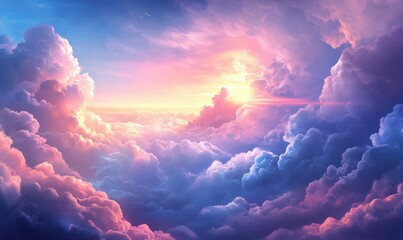 Dreamy sky with billowy clouds and bright sunlight piercing through