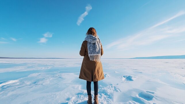 Woman gazing at frozen lake, winter landscape, travel blog