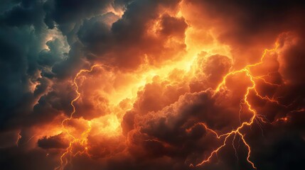 Dramatic storm clouds with vivid, electric orange lightning effects.
