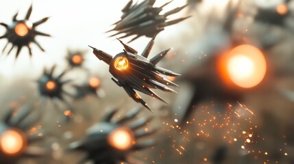 Futuristic drones slice through the air, their sleek, metallic forms glowing with an inner fire, captivating viewers with their blend of technology and art.