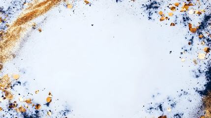 Festive gold and blue confetti border on white background; ideal for holiday cards or party invitations.